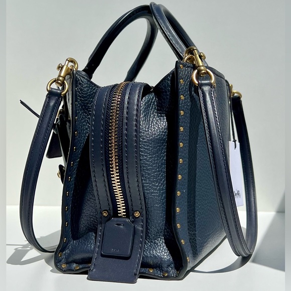 COACH 1941 Rogue 25 In Deep Navy Blue With Tea Rose Rivets - Picture 9 of 16